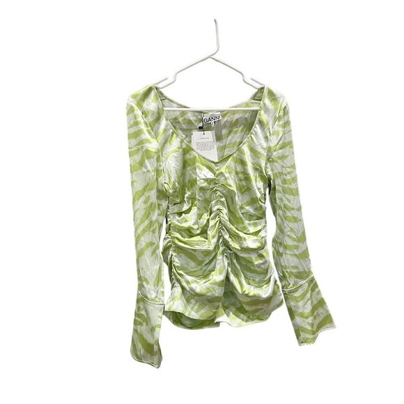 Ganni Ruched Organic Silk-Blend Top Green Zebra Print Size 36 - Picture 3 of 7